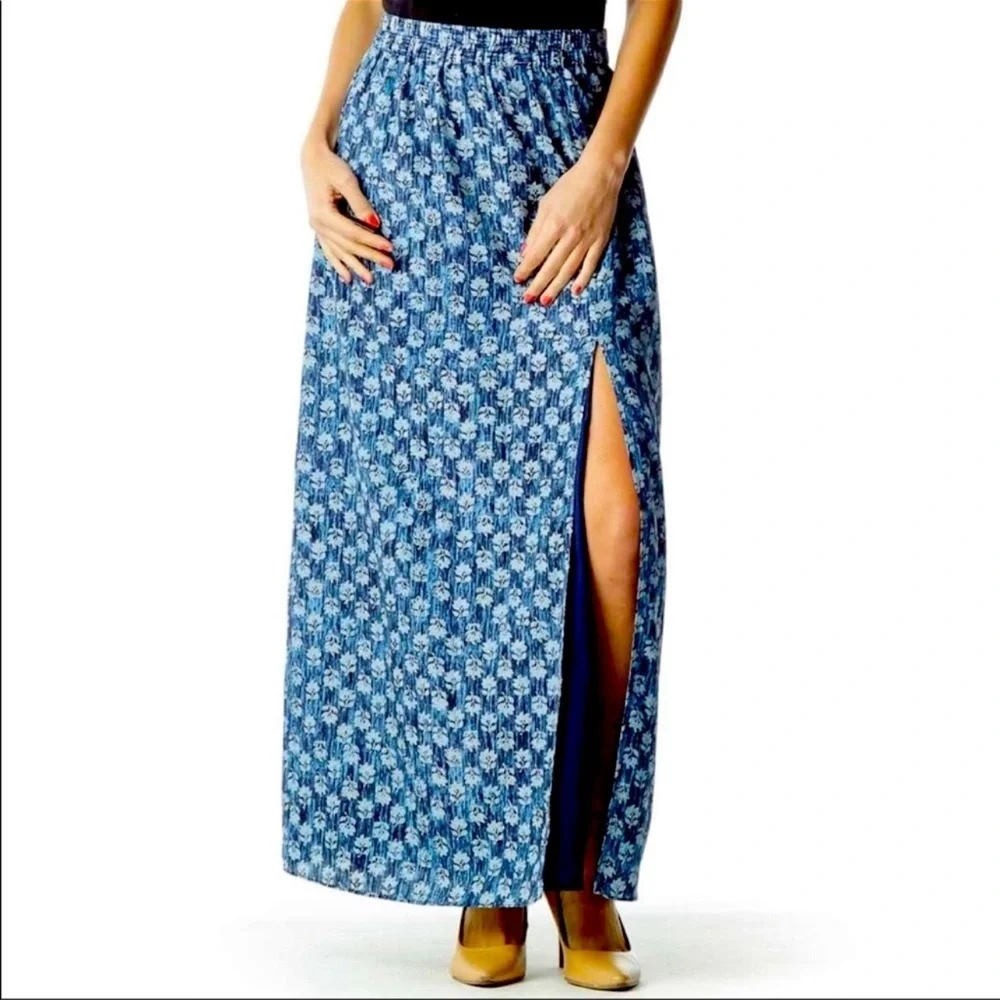 MICHAEL‎ Michael Kors | Floral Maxi Skirt with Slit in Heritage Blue M